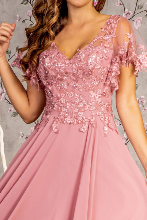 GLS Gloria GL3352 Floral Applique Short Sleeve A-line Gown