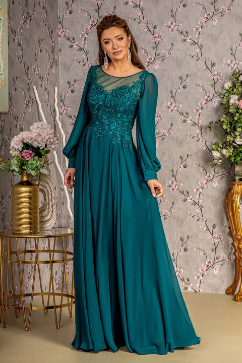 GLS Gloria GL3363 Long Sleeve A-Line Gown with Embroidery