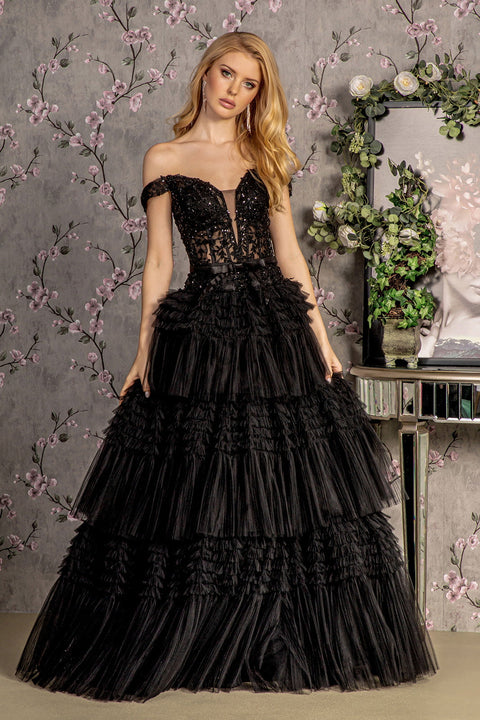 Embroidered Off Shoulder Tiered Gown by GLS Gloria GL3391