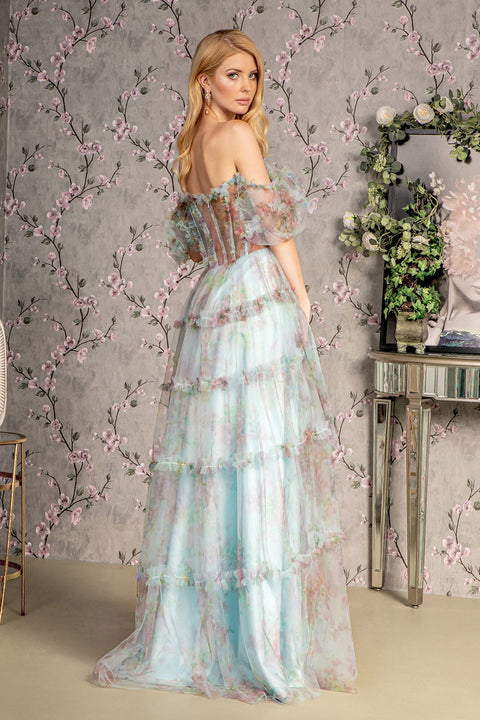 GLS Gloria GL3394 Print Off Shoulder Ruffled A-line Gown