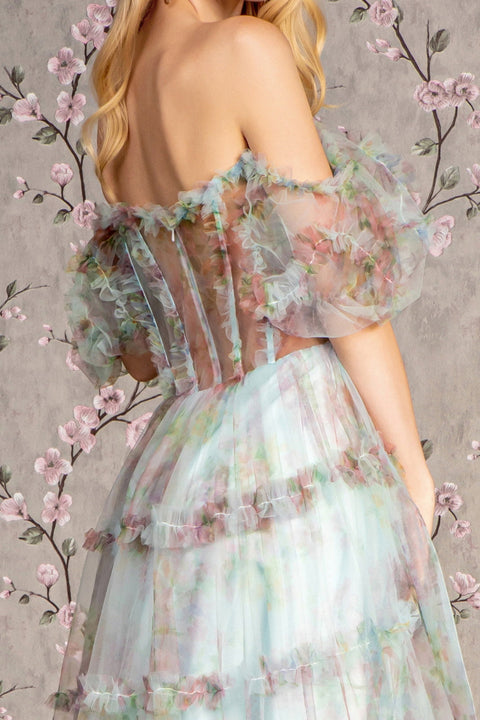 GLS Gloria GL3394 Print Off Shoulder Ruffled A-line Gown