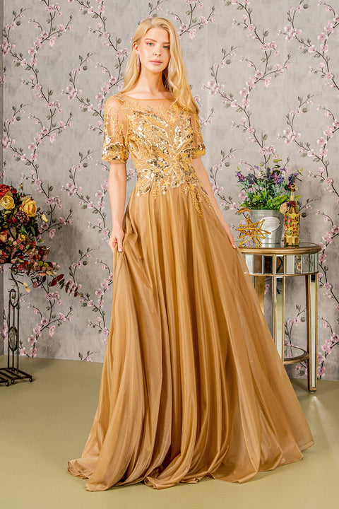 GLS Gloria GL3444 Metallic Applique Short Sleeve A-line Gown
