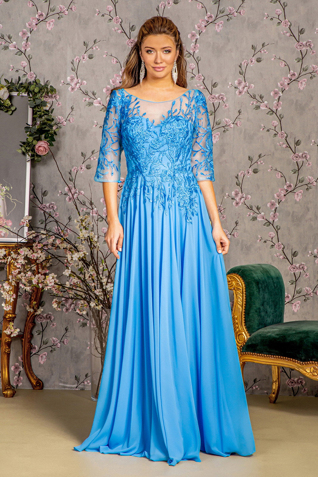 GLS Gloria GL3445 3/4 Sleeve A-Line Gown with Bead Embroidery– sheerdreamz