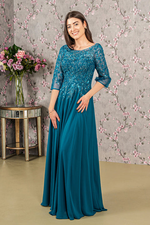 GLS Gloria GL3447 3/4 Sleeve A-Line Gown with Bead Appliqué