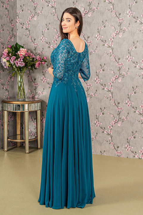 GLS Gloria GL3447 3/4 Sleeve A-Line Gown with Bead Appliqué