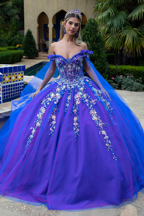GLS Gloria GL3518 Sequin Cape Sleeve Ball Quinceañera Dress