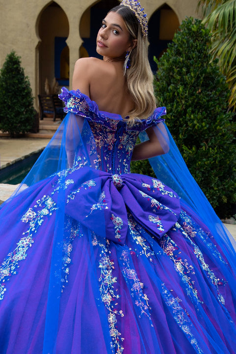 GLS Gloria GL3518 Sequin Cape Sleeve Ball Quinceañera Dress