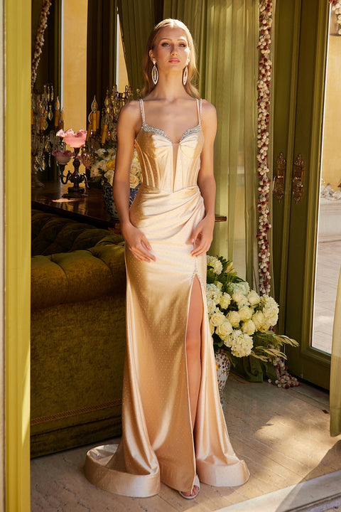 Elizabeth K GL3538 Beaded Satin Corset Slit Prom & Evening Dress