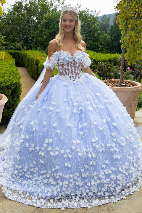GLS Gloria GL3571 3D Floral Cape Sleeve Ball Quinceañera Dress