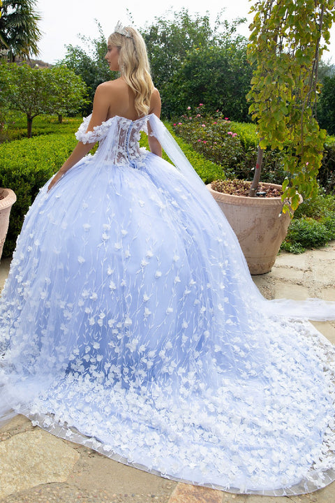 GLS Gloria GL3571 3D Floral Cape Sleeve Ball Quinceañera Dress