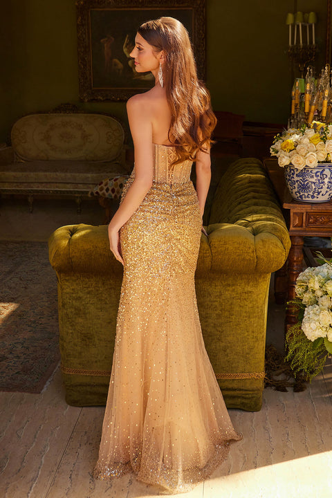 GLS Gloria GL3581 Beaded Fitted Strapless Slit Prom & Evening Dress