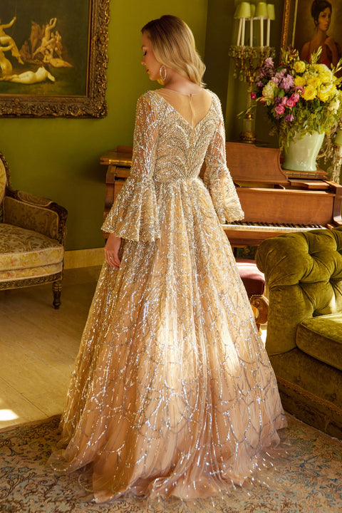 GLS Gloria GL3582 Beaded Bell Sleeve A-line Mother of the Bride Dress