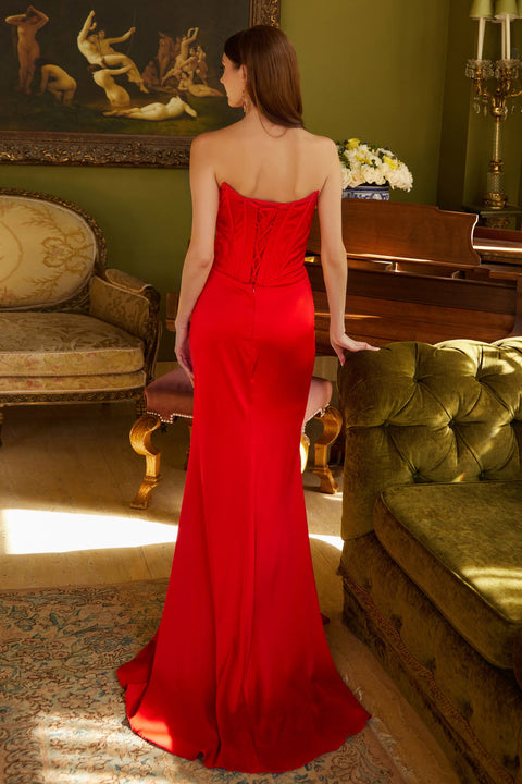 GLS Gloria GL3588 Beaded Satin Strapless Slit Prom & Evening Dress