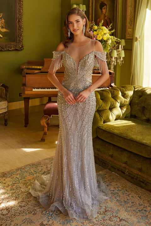 GLS Gloria GL3593 Off Shoulder Fringe Prom & Evening Dress