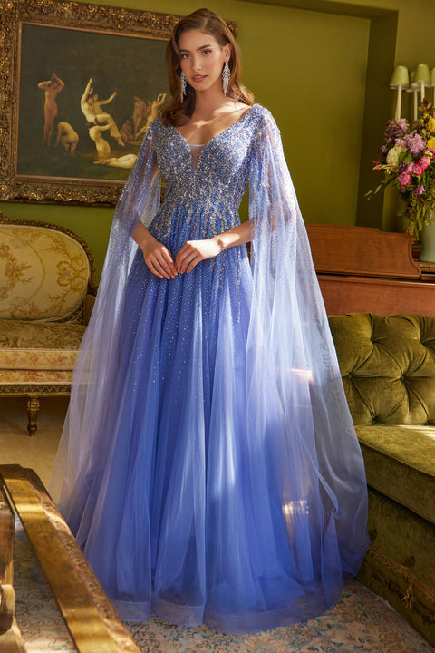 GLS Gloria GL3606 Beaded Cape Sleeve A-line Mother of the Bride Dress