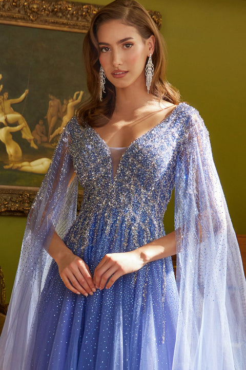 GLS Gloria GL3606 Beaded Cape Sleeve A-line Mother of the Bride Dress