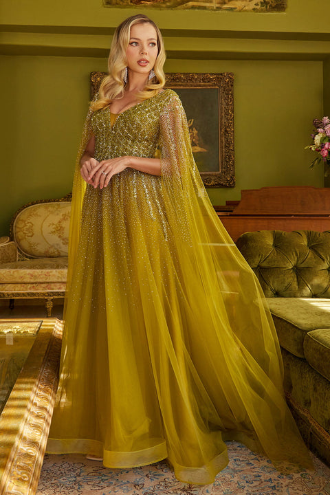 GLS Gloria GL3606 Beaded Cape Sleeve A-line Mother of the Bride Dress