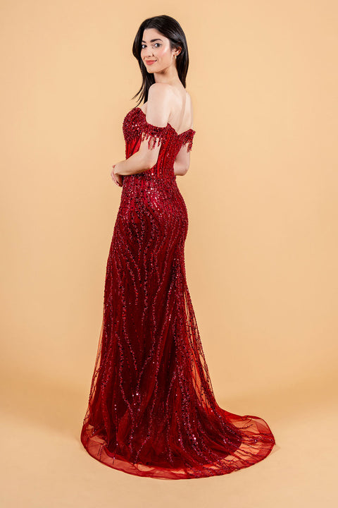 Elizabeth K GL3620 Fringe Off Shoulder Slit Prom & Evening Dress