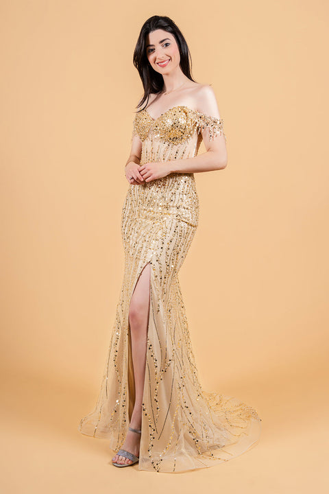 Elizabeth K GL3620 Fringe Off Shoulder Slit Prom & Evening Dress