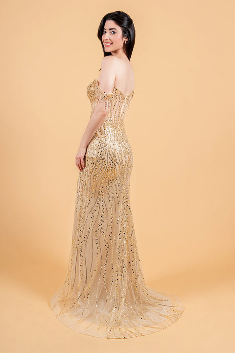 Elizabeth K GL3620 Fringe Off Shoulder Slit Prom & Evening Dress