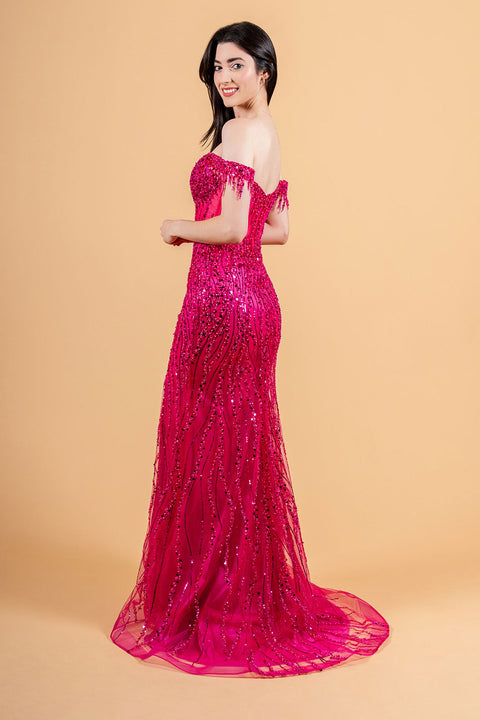Elizabeth K GL3620 Fringe Off Shoulder Slit Prom & Evening Dress
