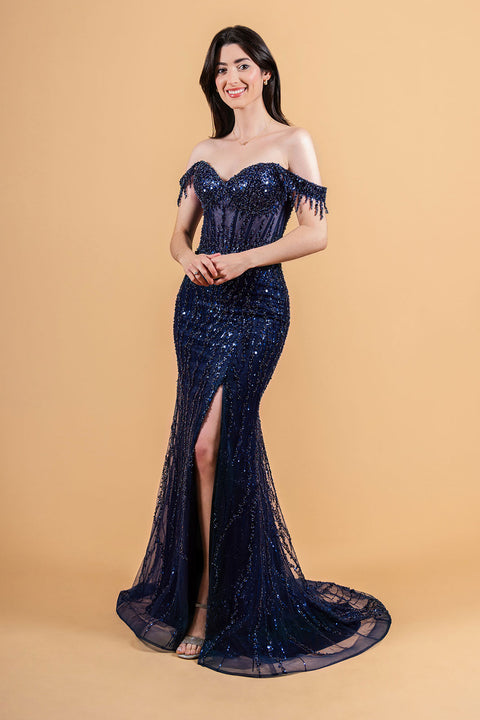 Elizabeth K GL3620 Fringe Off Shoulder Slit Prom & Evening Dress