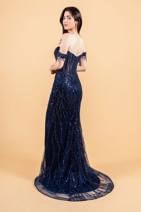 Elizabeth K GL3620 Fringe Off Shoulder Slit Prom & Evening Dress