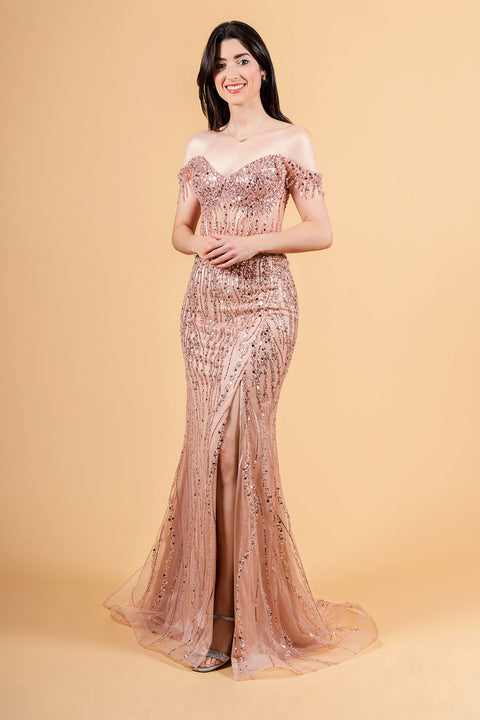 Elizabeth K GL3620 Fringe Off Shoulder Slit Prom & Evening Dress