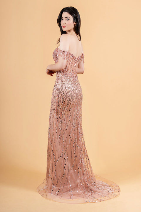 Elizabeth K GL3620 Fringe Off Shoulder Slit Prom & Evening Dress