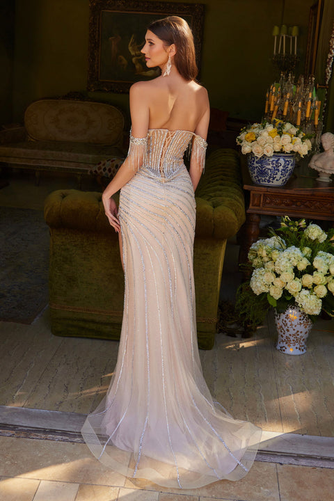 GLS Gloria GL3621 Fringe Off Shoulder Slit Prom & Evening Dress