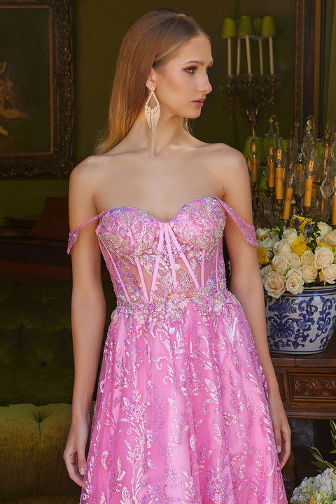 Elizabeth K GL3628 Off Shoulder A-line Slit Prom & Evening Dress