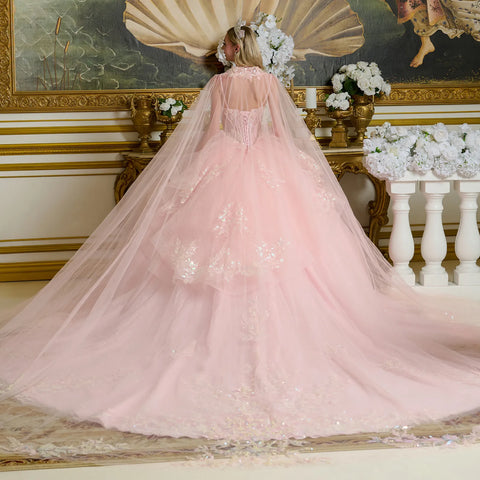 Elizabeth K GL3645 Sleeveless Cape Ball Quinceañera Dress