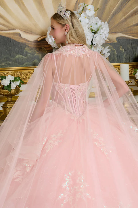 Elizabeth K GL3645 Sleeveless Cape Ball Quinceañera Dress