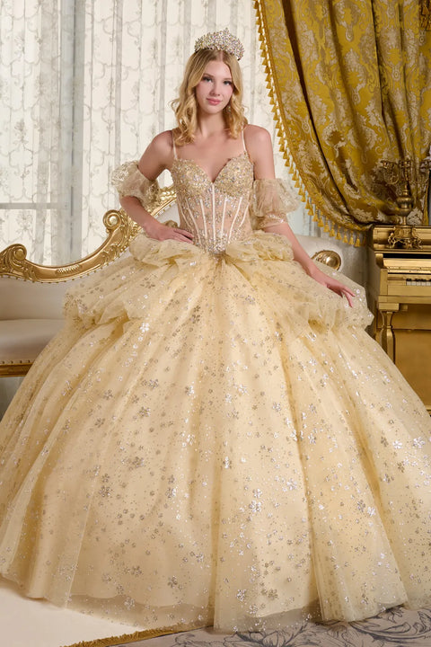 Elizabeth K GL3646 Glitter Print V-Neck Ball Quinceañera Dress