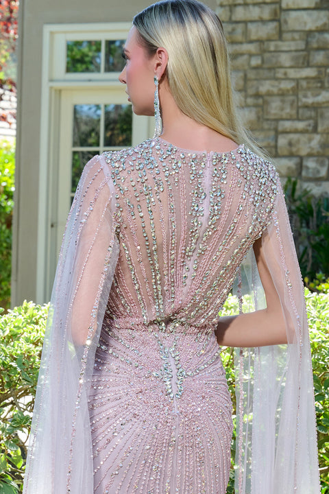 Elizabeth K GL3664 Beaded Fitted Cape Sleeve Mother of the Bride Dress