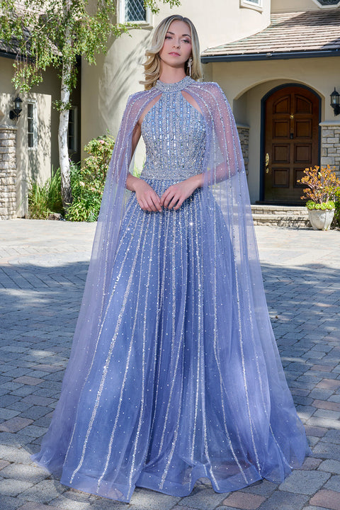 Elizabeth K GL3669 Beaded Cape Sleeve Mother of the Bride Dress
