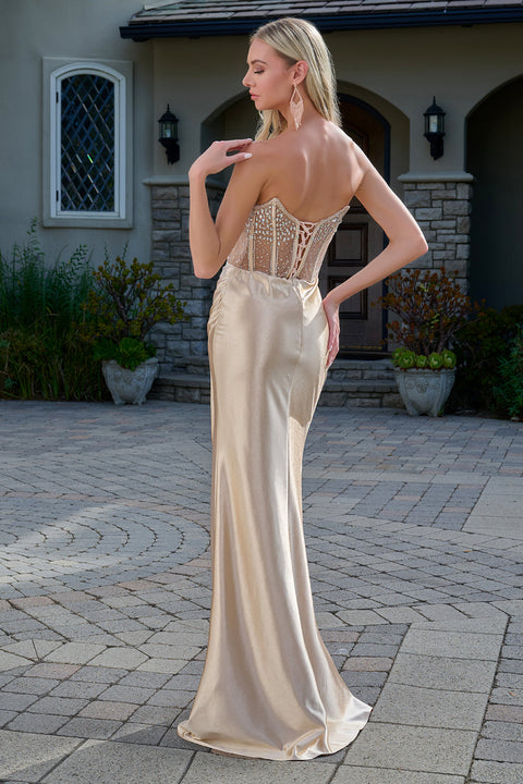 Elizabeth K GL3679 Beaded Satin Strapless Slit Prom & Evening Dress