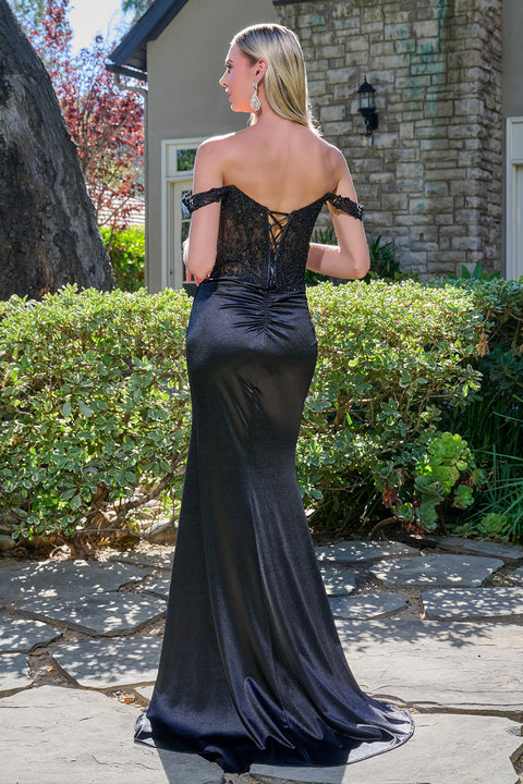 Elizabeth K GL3691 Applique Off Shoulder Slit Prom & Evening Dress