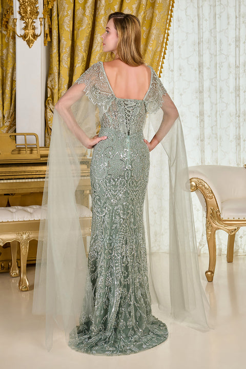 GLS Gloria GL3704 Beaded Fitted Cape Sleeve Mother of the Bride Dress
