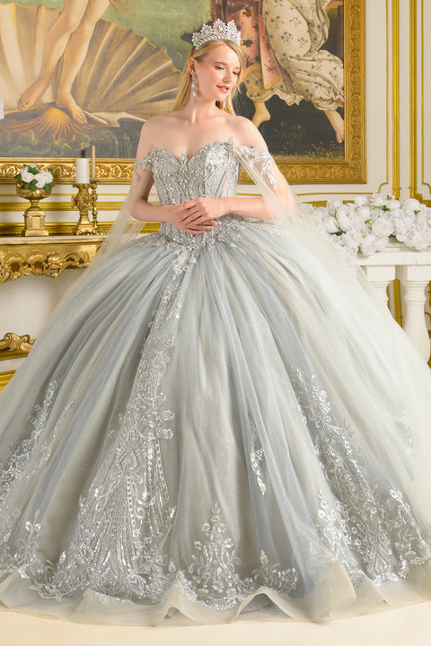 Elizabeth K GL3711 Beaded Cape Sleeve Ball Quinceañera Dress