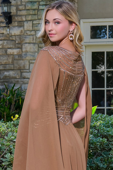 GLS Gloria GL3736 Beaded Cape Sleeve A-line Mother of the Bride Dress