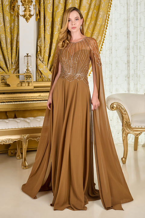 GLS Gloria GL3785 Beaded Fitted Cape Sleeve Mother of the Bride Dress