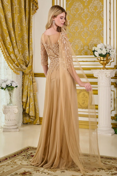 GLS Gloria GL3788 Beaded Mid-Sleeve A-line Mother of the Bride Dress