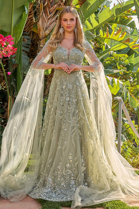 GLS Gloria GL3838 Cape Sleeve A-line Mother of the Bride Dress