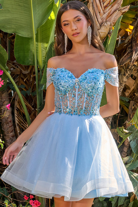 Elizabeth K GS3684 Beaded Short Off Shoulder Homecoming Dress