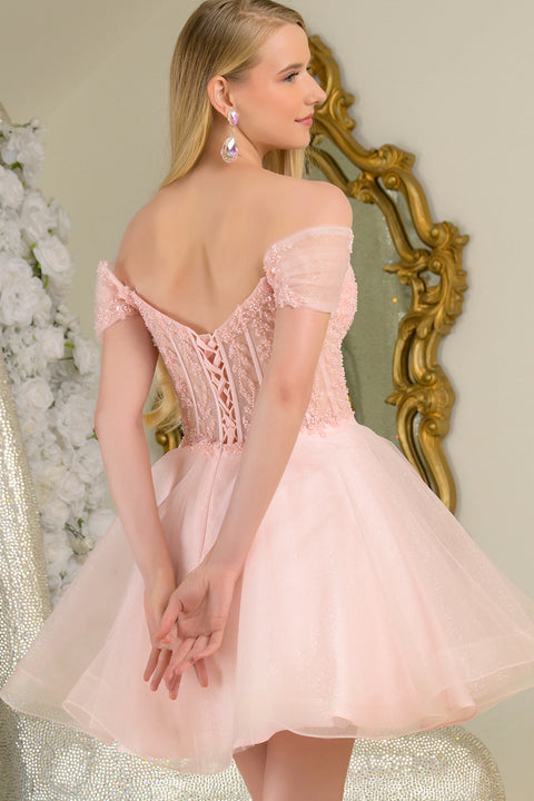 Elizabeth K GS3684 Beaded Short Off Shoulder Homecoming Dress