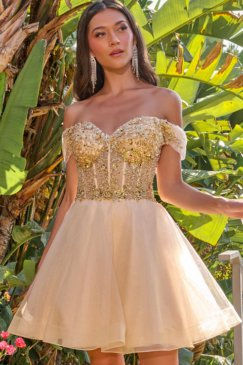 Elizabeth K GS3684 Beaded Short Off Shoulder Homecoming Dress