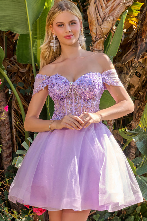 Elizabeth K GS3684 Beaded Short Off Shoulder Homecoming Dress