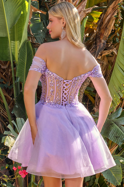 Elizabeth K GS3684 Beaded Short Off Shoulder Homecoming Dress