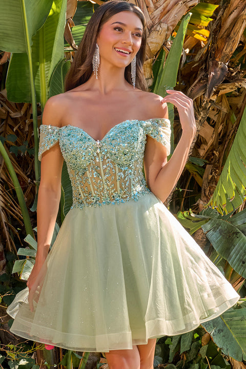Elizabeth K GS3684 Beaded Short Off Shoulder Homecoming Dress